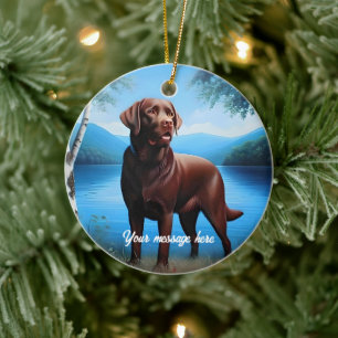 Chocolate Labrador and Blue Lake Ceramic Tree Decoration