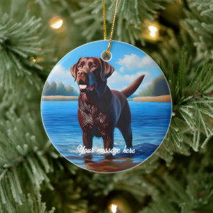 Chocolate Labrador and Blue Lake Ceramic Tree Decoration
