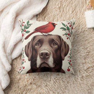 Chocolate labrador and cardinal cushion