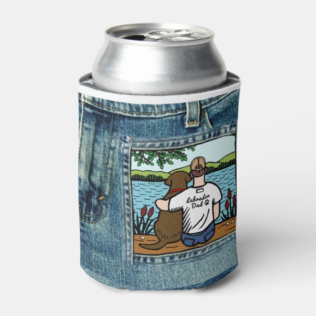 Chocolate Labrador and Dad Lake View Can Cooler (Can Front)