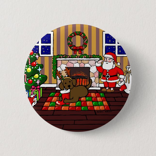 Chocolate Labrador and Santa Christmas Cartoon 6 Cm Round Badge (Front)