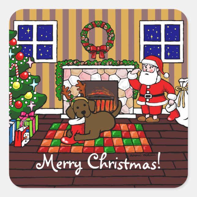 Chocolate Labrador and Santa Christmas Cartoon Square Sticker (Front)