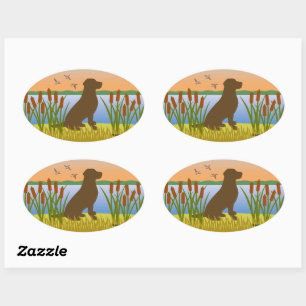 Chocolate Labrador Bird Dog Sunset Oval Sticker