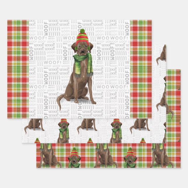 Chocolate Labrador Christmas Dog Plaid Wrapping Paper Sheet (Set)