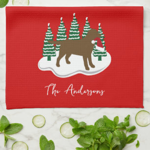 Chocolate Labrador Christmas Evergreen Trees Tea Towel