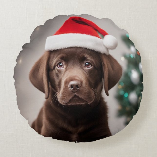 Chocolate Labrador Christmas Round Cushion (Front)