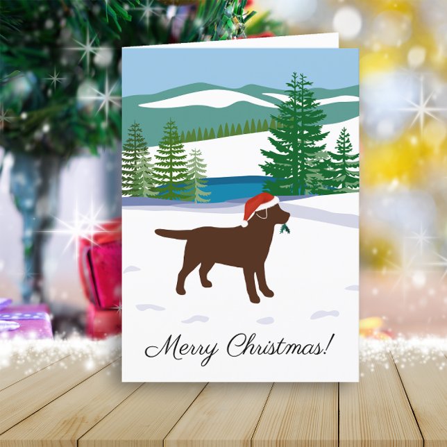 Chocolate Labrador Christmas Winter View Holiday Card (Chocolate Labrador Winter View Design Christmas Cards for Labrador Owners.  Dog Silhouette Design.)