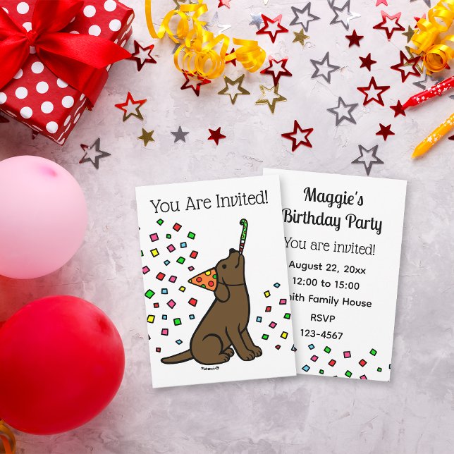 Chocolate Labrador Confetti Birthday Party  Invitation (Chocolate Labrador Confetti Birthday Party Invitation for Labrador Owners.  Cartoon art design.)
