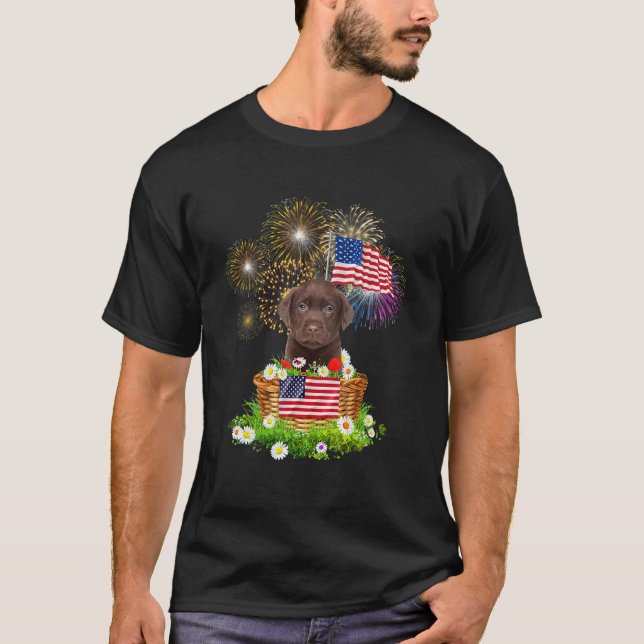 Chocolate Labrador Dog 4th July Basket American Fl T-Shirt (Front)