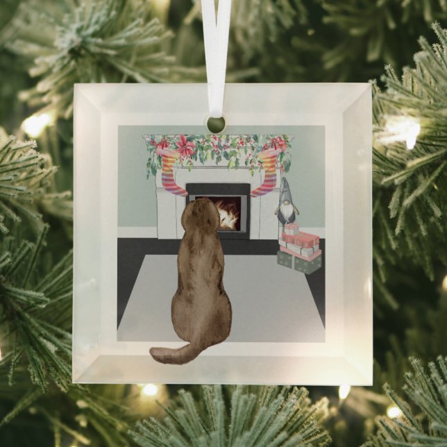 Chocolate Labrador Dog Christmas Fireplace Scene Glass Tree Decoration (Insitu)
