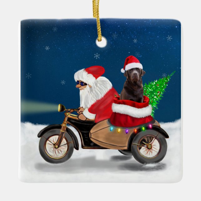 Chocolate Labrador Dog Christmas Santa Claus  Ceramic Ornament (Front)