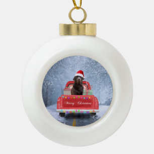 Chocolate Labrador Dog in Snow Christmas Car  Ceramic Ball Christmas Ornament