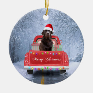 Chocolate Labrador Dog in Snow Christmas Ceramic Tree Decoration