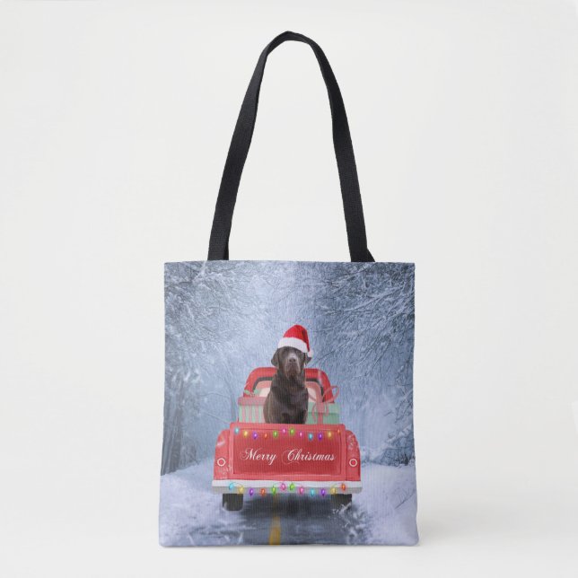 Chocolate Labrador Dog in Snow Christmas Tote Bag (Front)