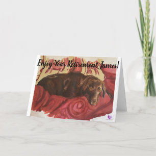 Chocolate Labrador dog on sofa - Retirement card
