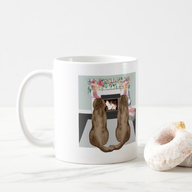 Chocolate Labrador Dogs Christmas Fireplace Scene Coffee Mug (With Donut)