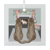 Chocolate Labrador Dogs Christmas Fireplace Scene