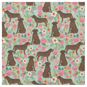 Chocolate Labrador dogs vintage florals mint Fabric