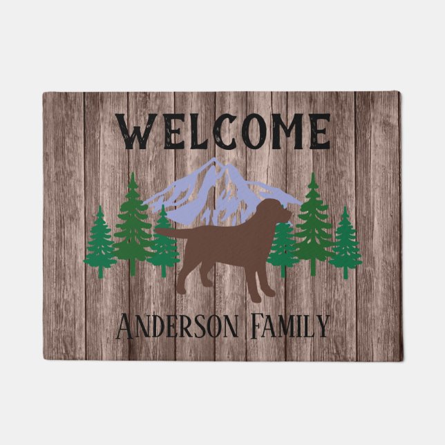 Chocolate Labrador Evergreen Trees Doormat Wood (Front)