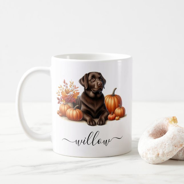Chocolate Labrador Fall Mug with Personalised Name (With Donut)