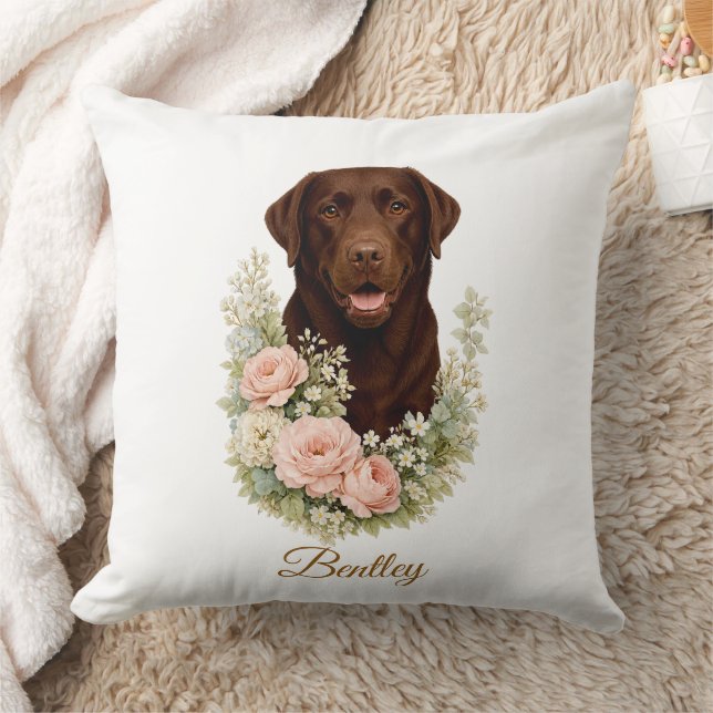 Chocolate Labrador Floral Portrait Cushion (Blanket)