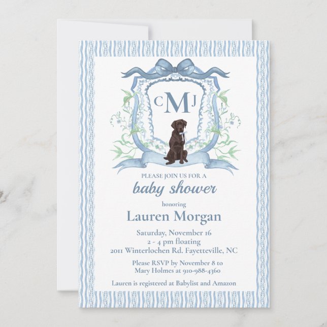 Chocolate Labrador Monogram Baby Shower Invitation (Front)
