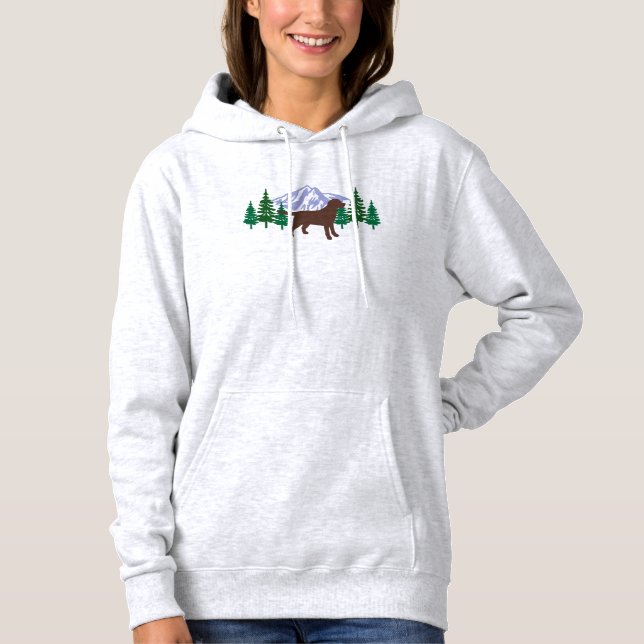 Chocolate Labrador Outline Evergreen Trees Hoodie (Front)