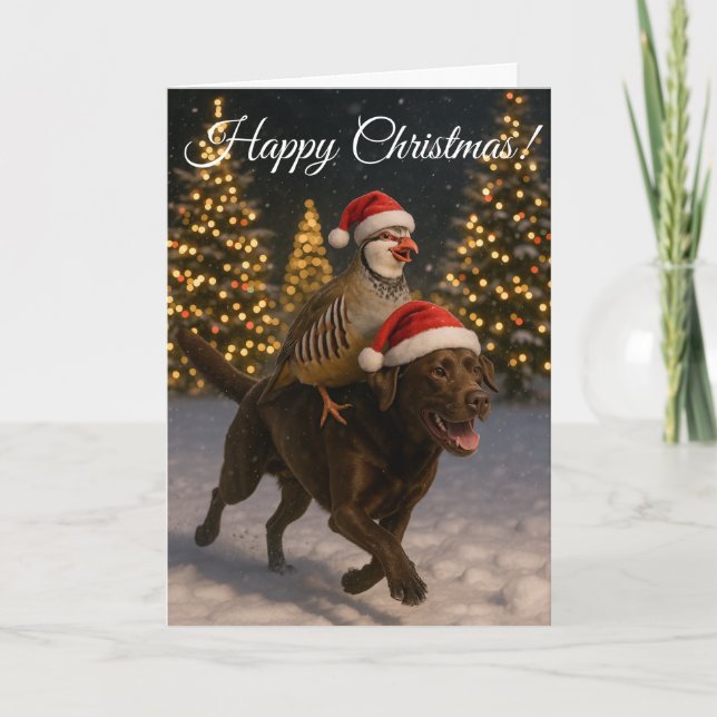 Chocolate  Labrador & Partridge Christmas card (Front)