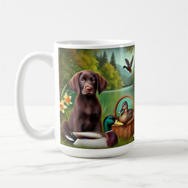 Chocolate Labrador Puppy by a Lake with Ducks Coffee Mug (Left)