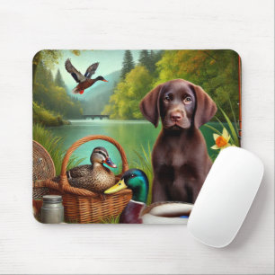 Chocolate Labrador Puppy by a Lake with Ducks Mouse Mat