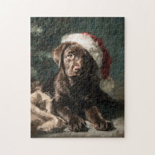 Chocolate Labrador Puppy Christmas Painting Jigsaw Puzzle