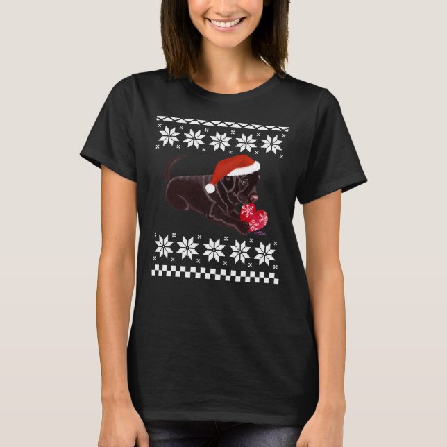 Chocolate Labrador Puppy Christmas Painting T-Shirt (Front)
