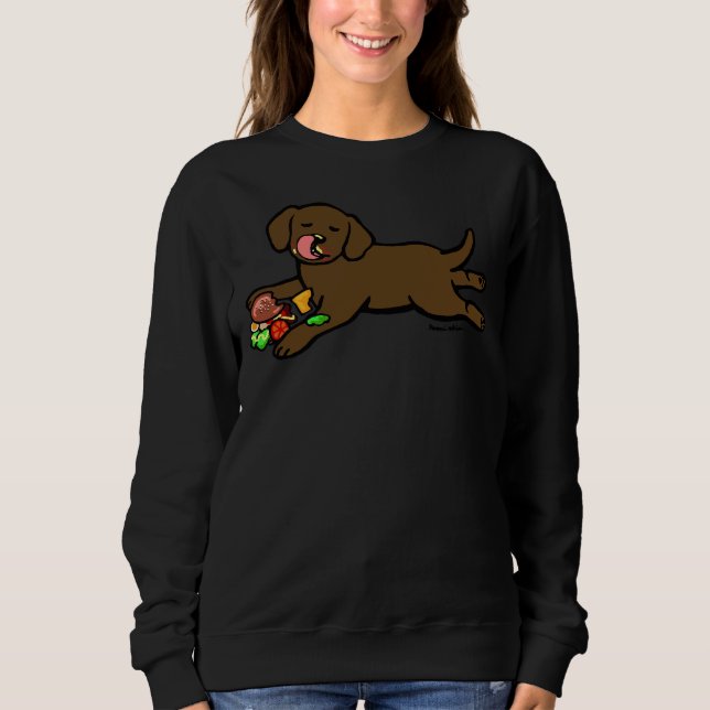 Chocolate Labrador Puppy Eating Burger Sweatshirt (Front)
