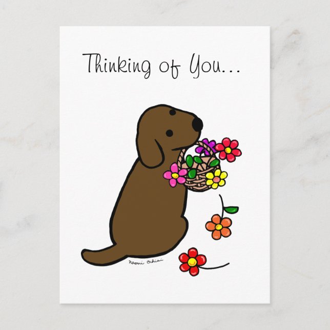 Chocolate Labrador Puppy Flower Basket Cartoon Postcard (Front)