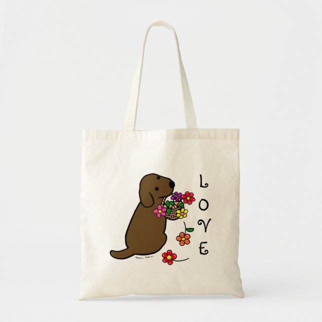 Chocolate Labrador Puppy Flower Basket Cartoon Tote Bag (Front)