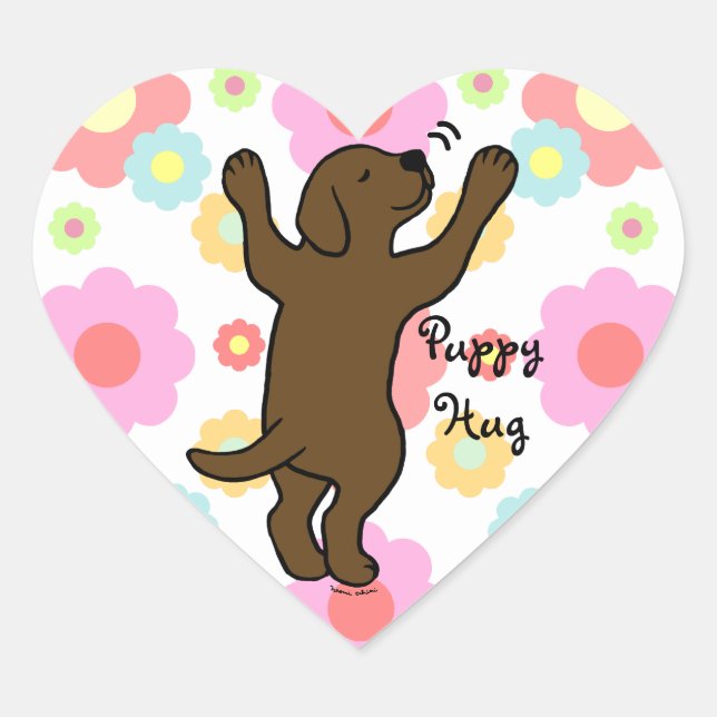 Chocolate Labrador Puppy Hug Cartoon Floral Heart Sticker (Front)