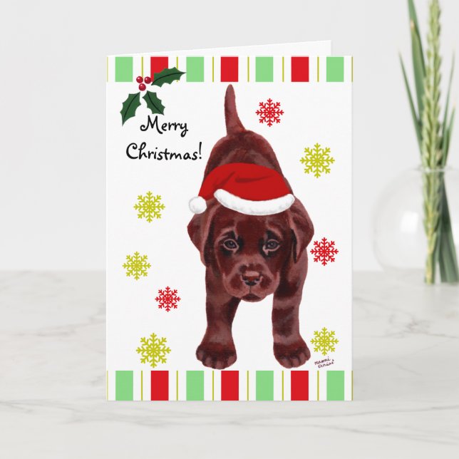 Chocolate Labrador Puppy & Santa Hat Christmas Holiday Card (Front)