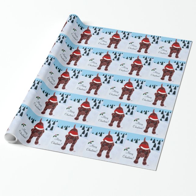 Chocolate Labrador Puppy & Santa Hat Christmas Wrapping Paper (Unrolled)