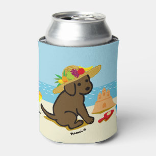 Chocolate Labrador Puppy Straw Hat Cartoon Can Cooler