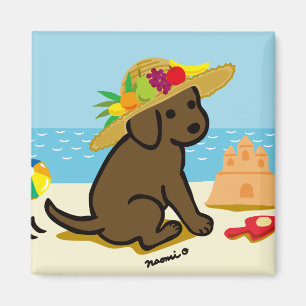 Chocolate Labrador Puppy Straw Hat Cartoon Magnet