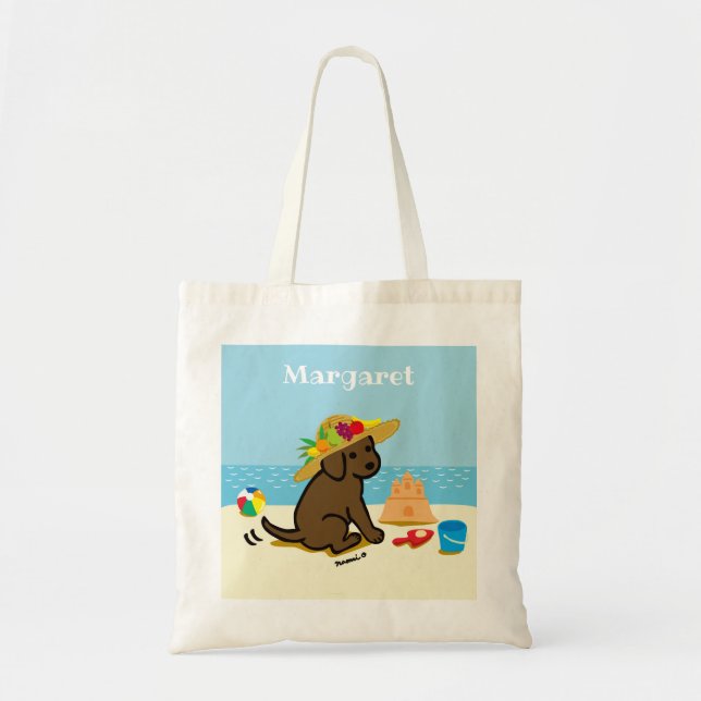 Chocolate Labrador Puppy Straw Hat Cartoon Tote Bag (Front)