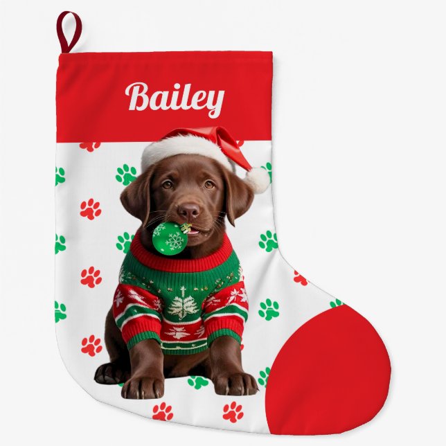 Chocolate Labrador Puppy Sweater Personalised Large Christmas Stocking (Front)