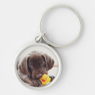 Chocolate Labrador Puppy With Toy Duck Key Ring