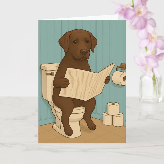 Chocolate Labrador Reading Newspaper on Toilet Card (Orchid)