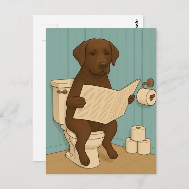 Chocolate Labrador Reading Newspaper on Toilet Postcard (Front/Back)
