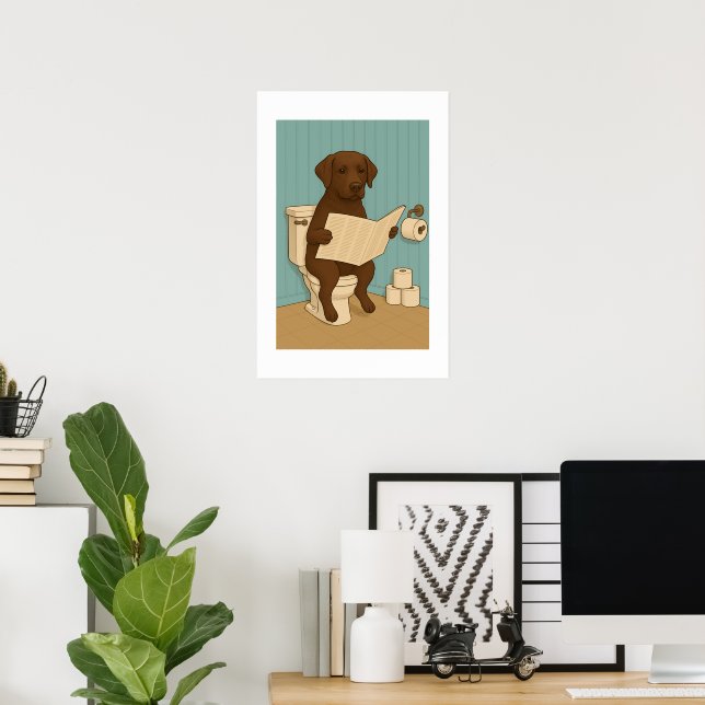 Chocolate Labrador Reading Newspaper on Toilet Poster (Home Office)