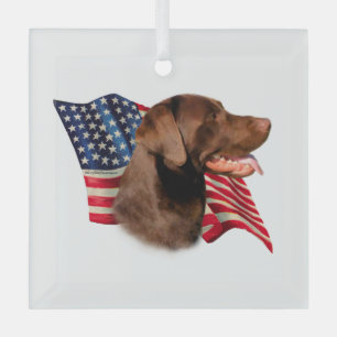 Chocolate Labrador Retriever American Flag Glass Tree Decoration