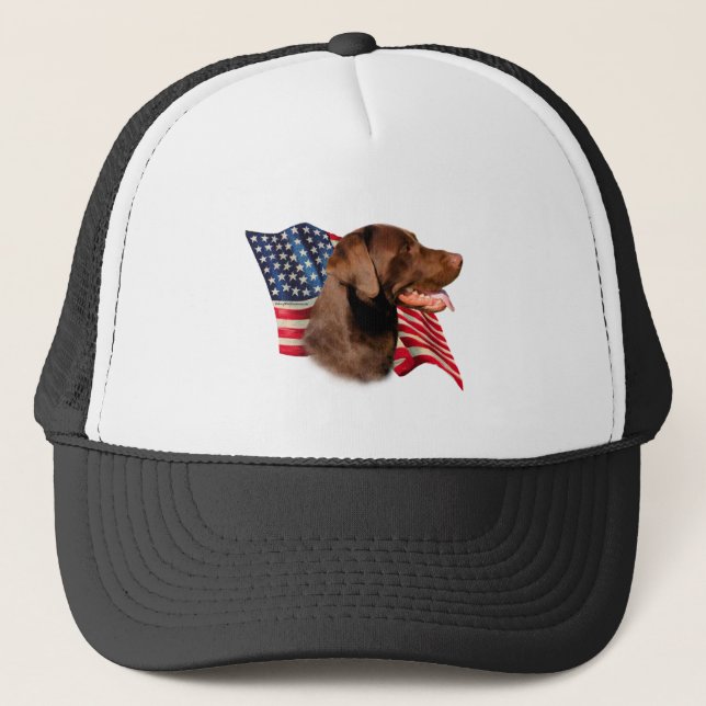 Chocolate Labrador Retriever American Flag Trucker Hat (Front)