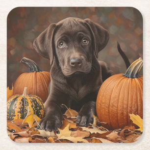 Chocolate Labrador Retriever Autumn Square Paper Coaster