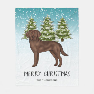 Chocolate Labrador Retriever Blue Snowy Christmas Fleece Blanket